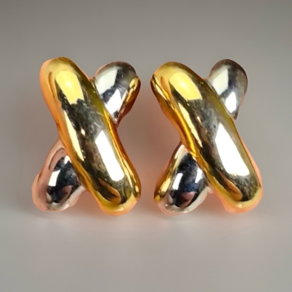 Vintage Goldtone And Silvertone Crossover Weighted Pierced Earrings